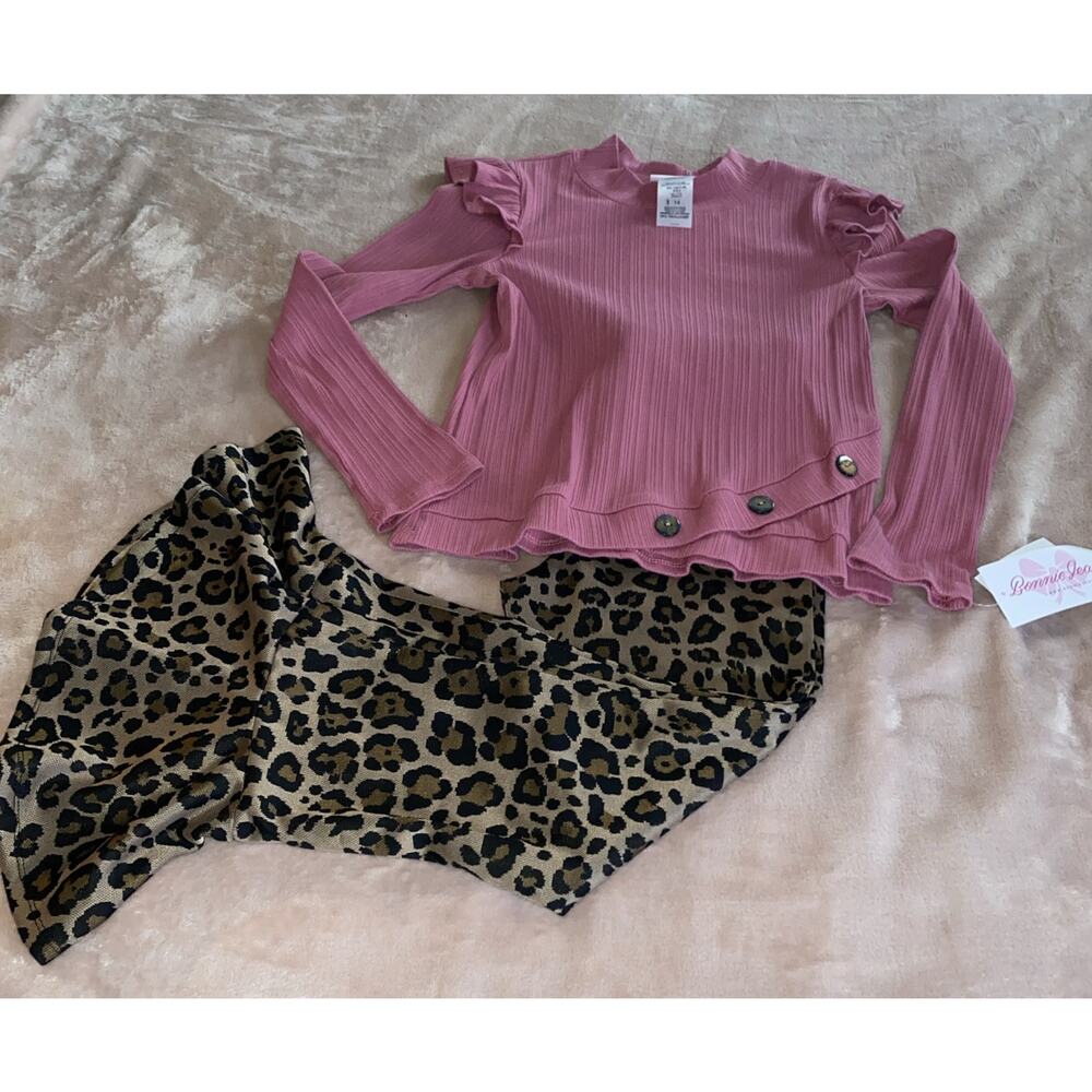 NWT Bonnie Jean 2 Pc Set Cheetah Print Flare Leggings Pink Ruffle LS Shirt Sz 14
